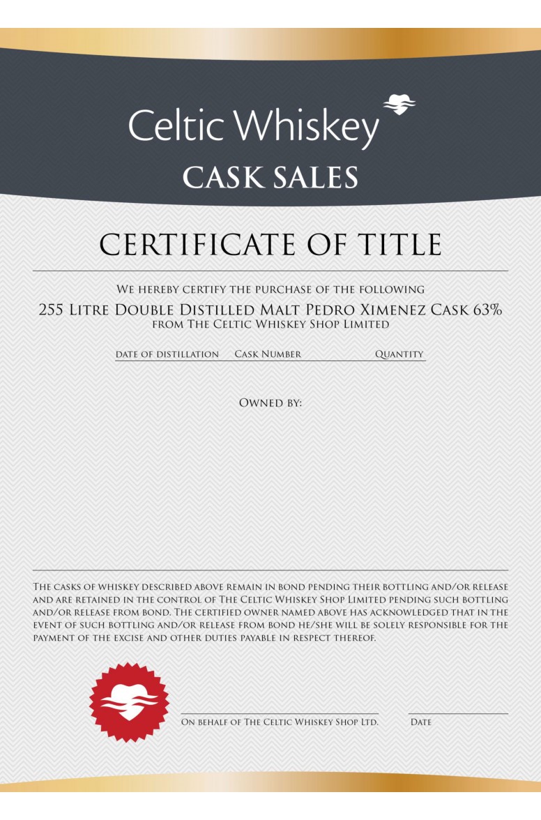 255 Litre Double Distilled Single Malt Pedro Ximenez Cask 63%