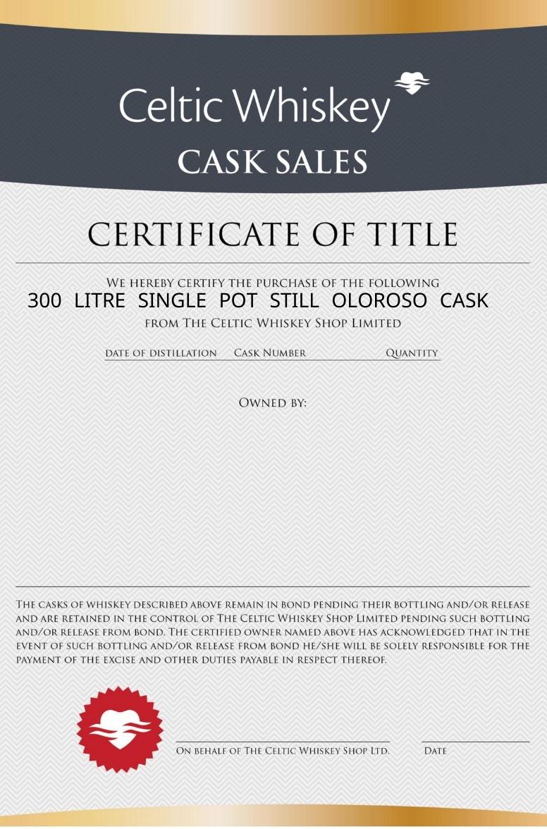 Triple Distilled Single Pot Still Oloroso Cask 300 Litre 63%