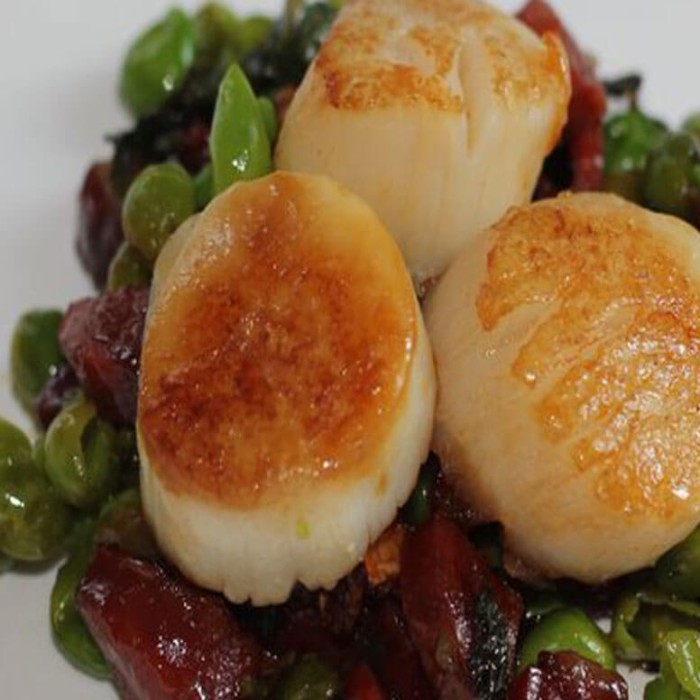 Seared Scallops, Crisp Bacon, Shallots, Potato Mousse