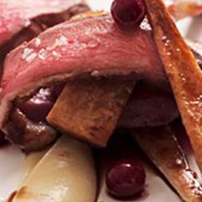 Breast of Margot Goose, Cauliflower, Beetroot, Potato Fondant, Savoy Cabbage and Bacon Lardons